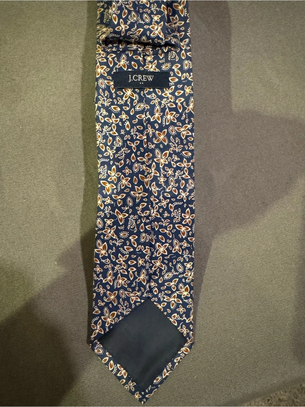 J Crew Mens 100% Cotton Navy Tie with Brown Flowers - Coastal Casual Sustainable